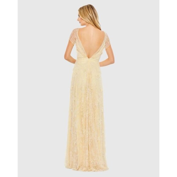 MAC DUGGAL Size 16 Yellow 70274 Embellished Illusion Cap Sleeve Formal Gown $598 - Picture 3 of 10